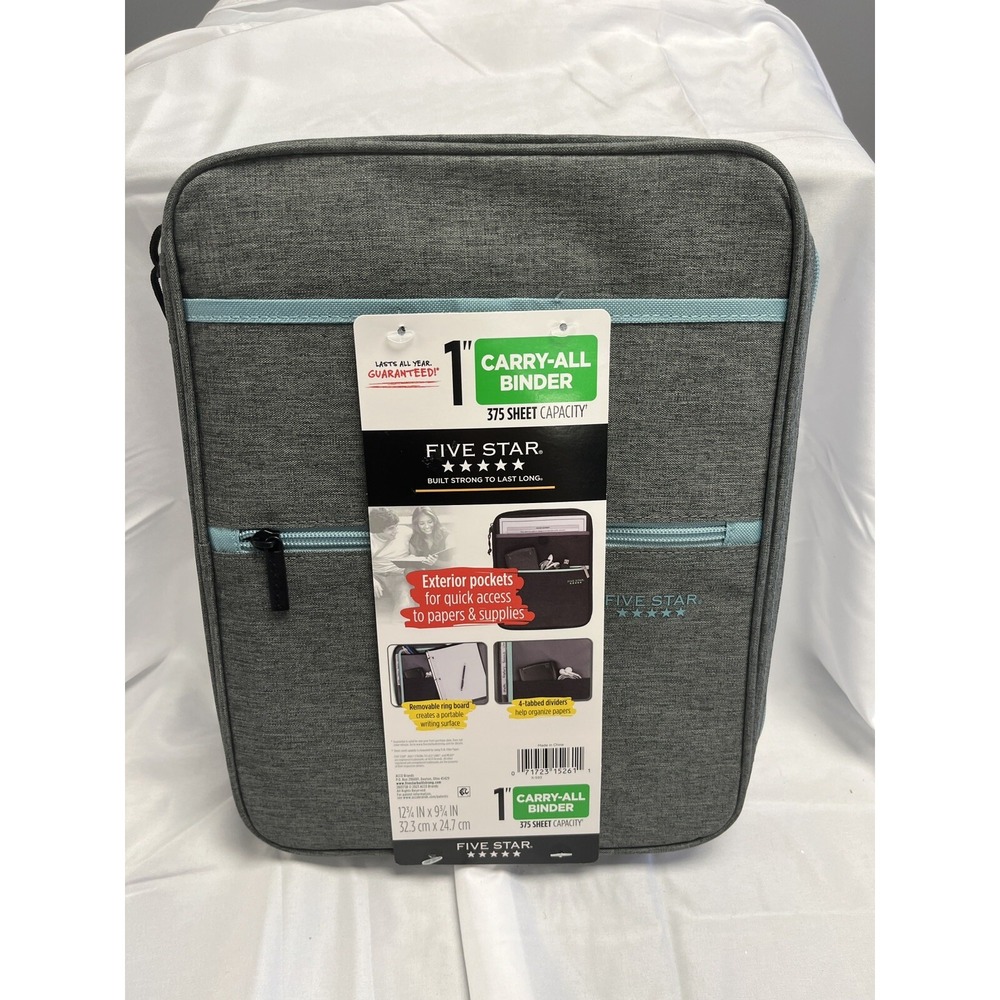 New Five Star 1" Carry All Zipper Binder Gray Blue Back to School Folder Holder
